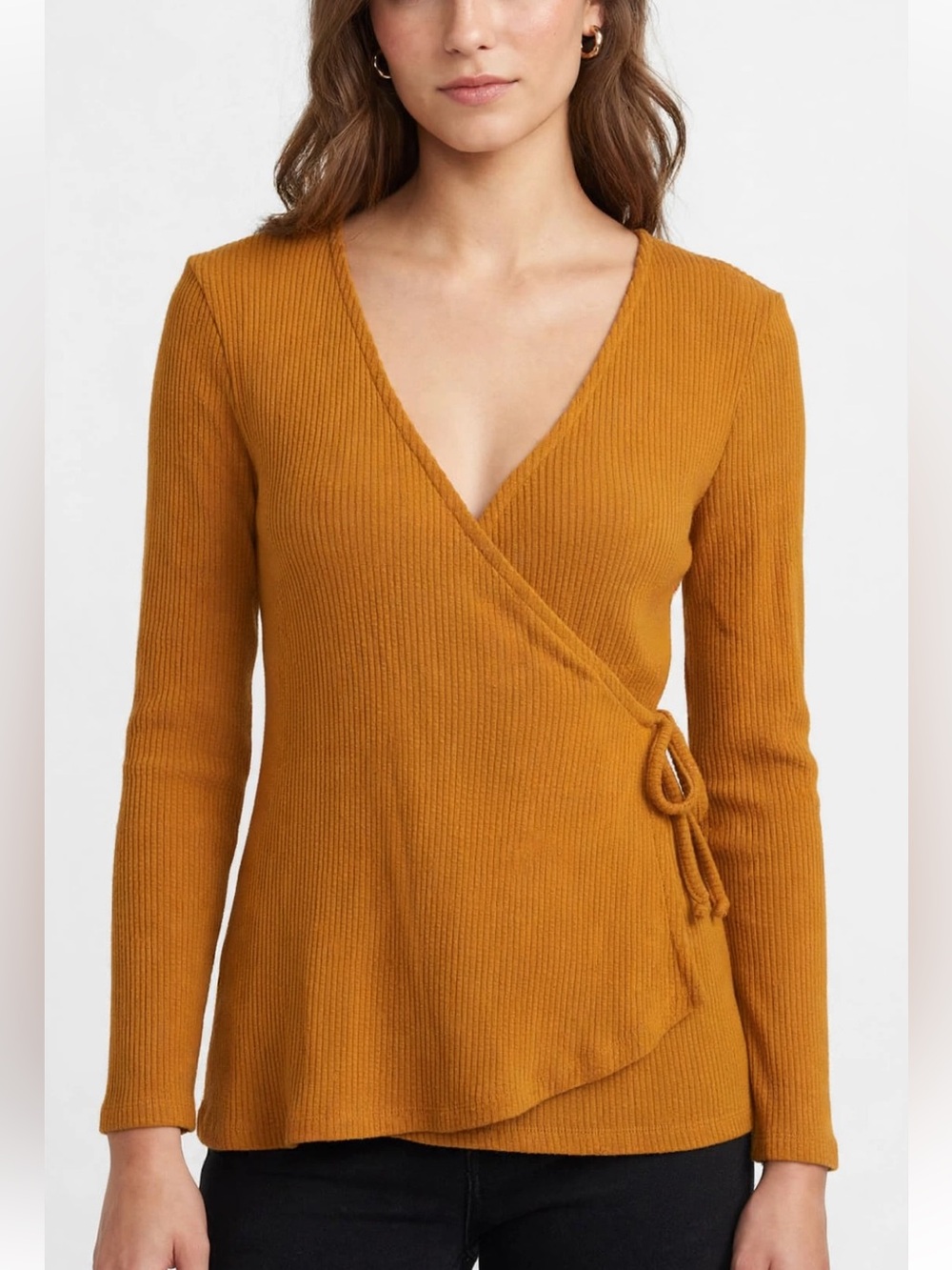 Old Navy | Ribbed V-Neck Long Sleeve Wrap Blouse Mustard / Rustic Orange